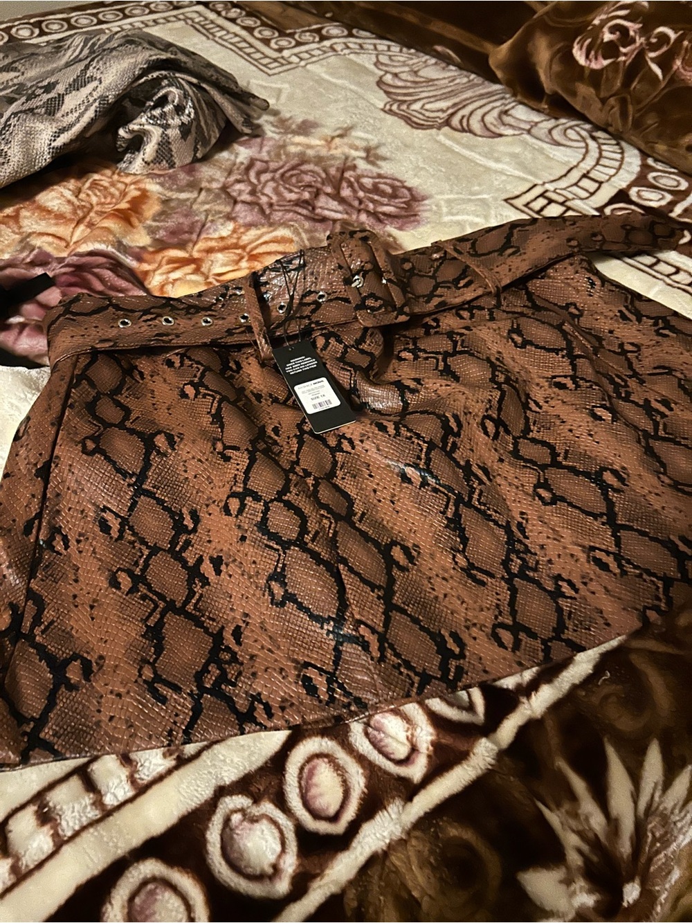 Fashion Nova Brown Faux Snake Print Belted Mini Skirt